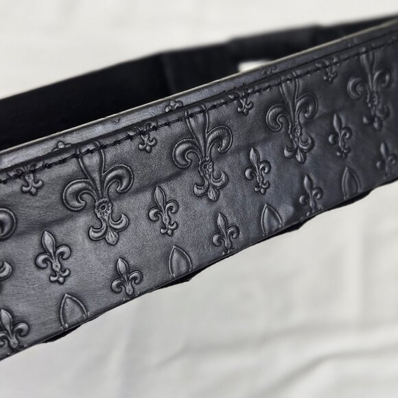 Black Leather Tray with Embossed Fleur de Lis Pattern Open Wrapped Handles - Picture 9 of 12